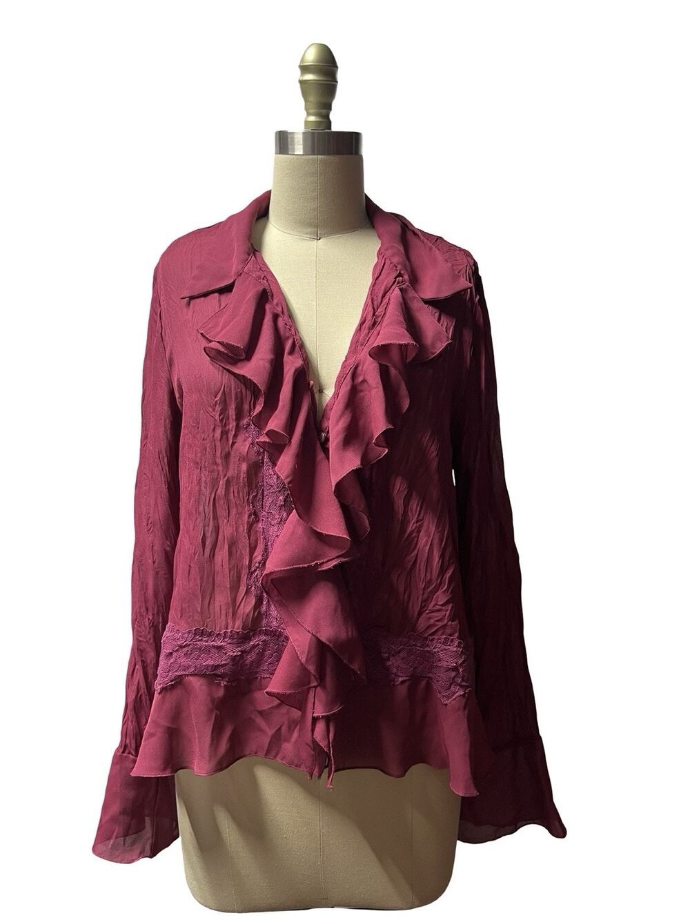 Y2K Sunny Taylor L Fuchsia Sheer Ruffled V-Neck Boho Romantic Lace Blouse